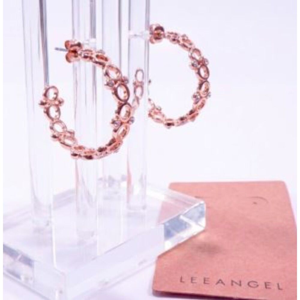 Lee Angel Women's Gold Lace Cut Out Crystal Hoop Earrings NWT 89
